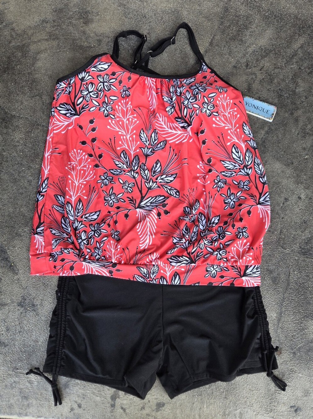YONIQUE Coral Floral Swim Soft Shelf Tankini & Bottoms with Black Accent XXL
